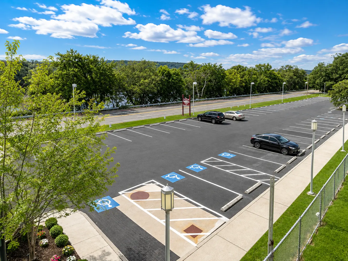 On-site parking lot overlooking the river