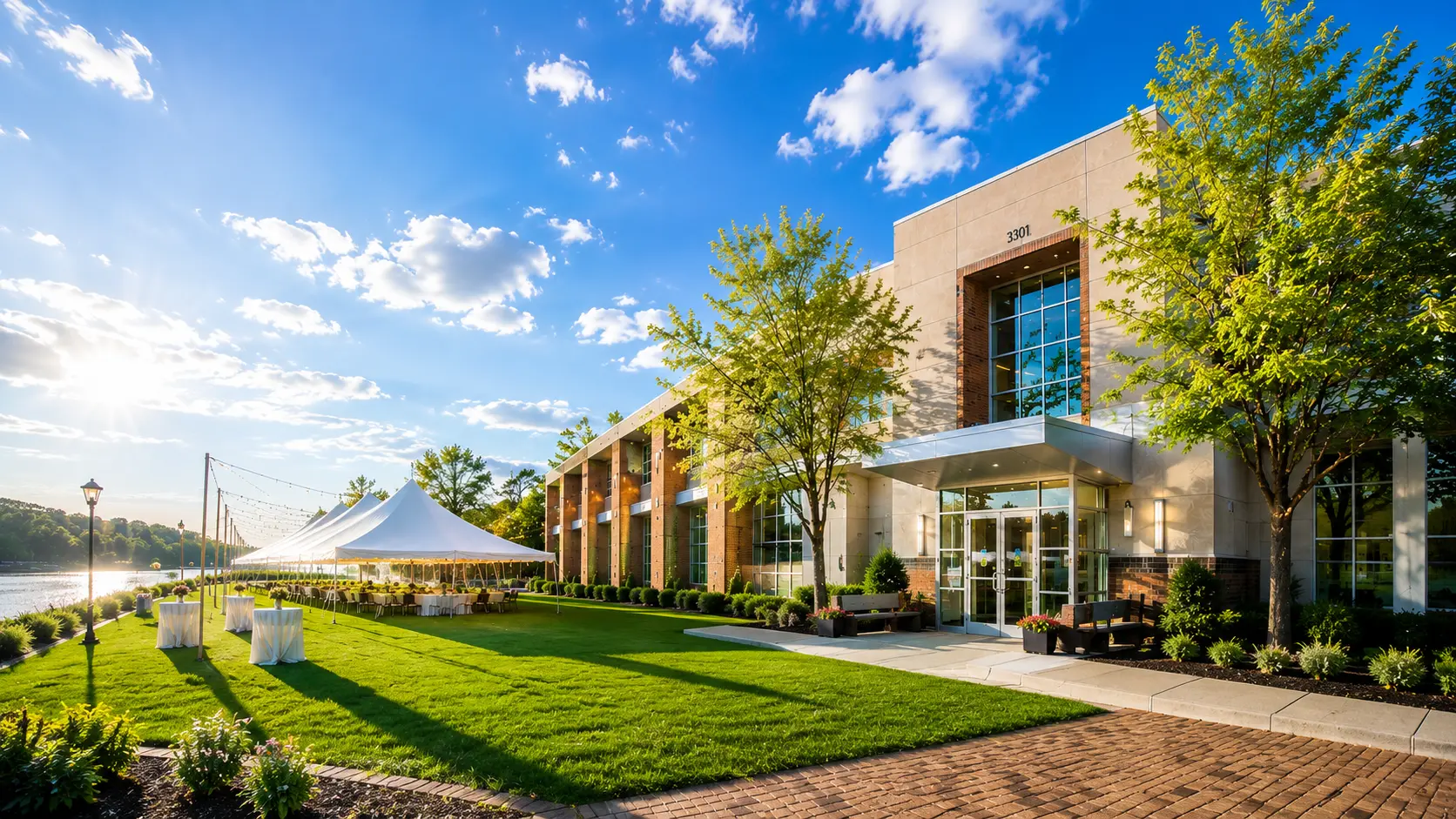 Riverfront Venues at golden hour, with a white event tent on the lawn beside the Susquehanna River