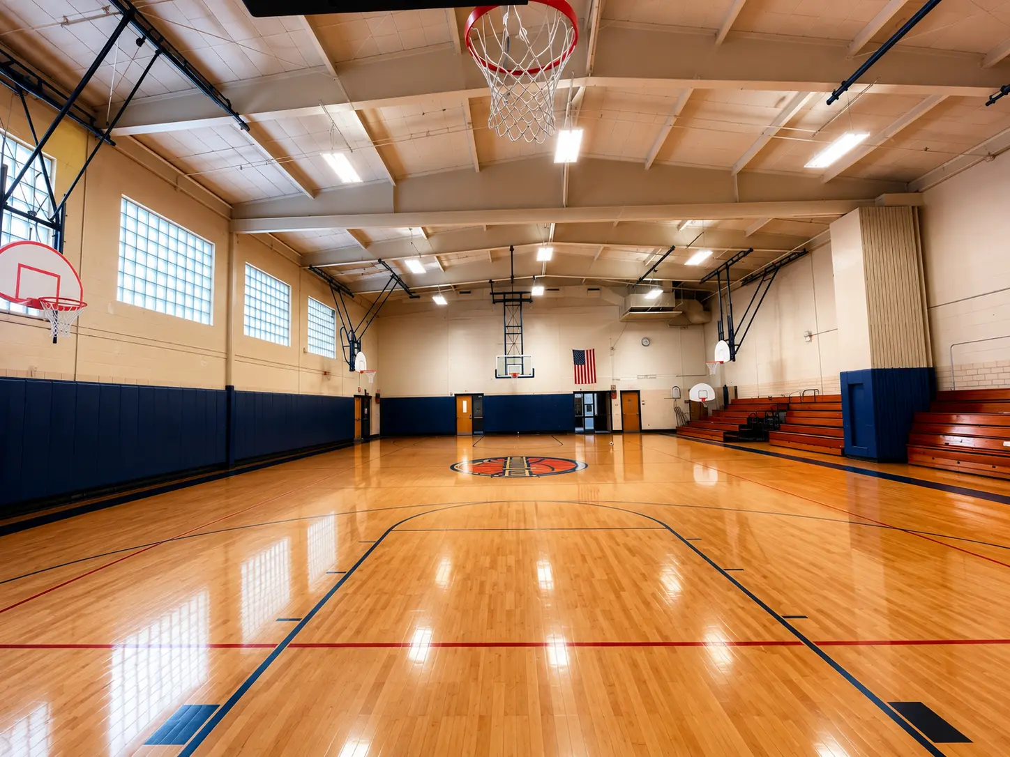 A full-court gymnasium with hardwood floor and bleachers