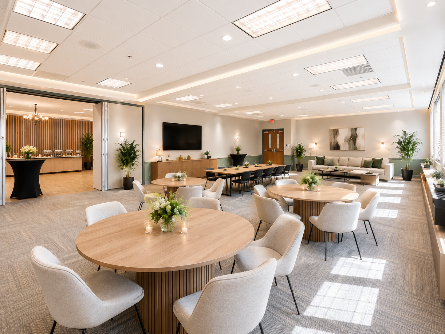 Event-ready conference space with round banquet tables, upholstered chairs, florals and a catering station